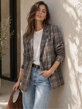 Treasure & Bond Plaid Blazer | Soft Tailored | One Button | Sz S | Stretch